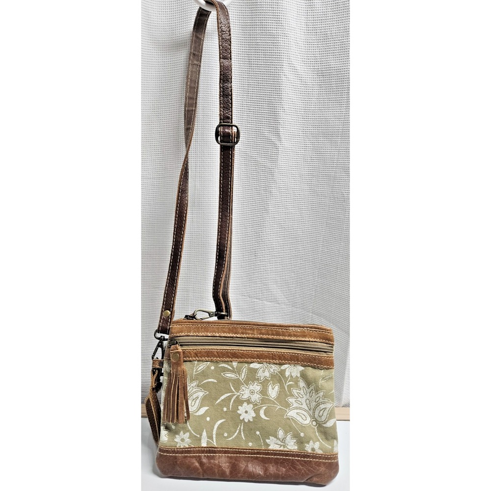 Myra Bag Leather Canvas 8"x9" Crossbody Wristlet Floral clutch bag